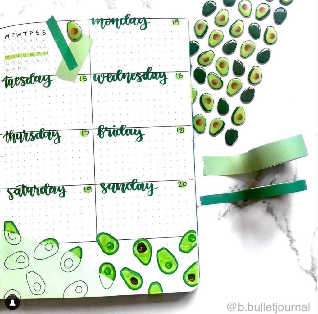 avocado bullet journal theme green weekly spread
