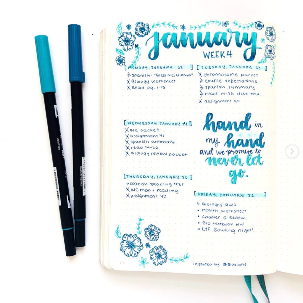 january bullet journal weekly spread layout blue ombre
