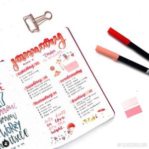 january bullet journal weekly spread layout red ombre