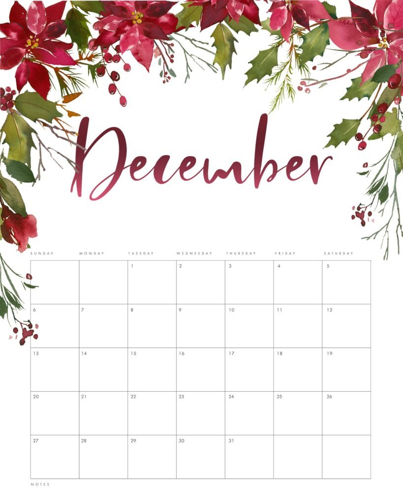 Free Floral December 2020 Calendar Printable Template