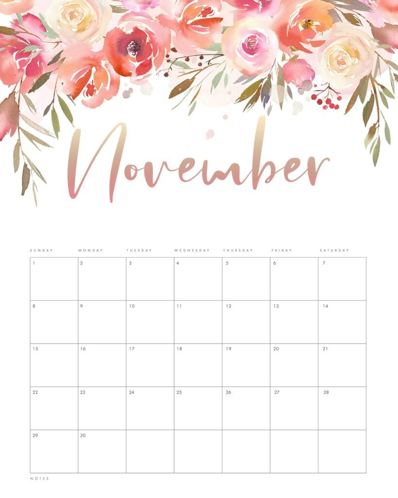 Free Floral November 2020 Calendar Printable Template